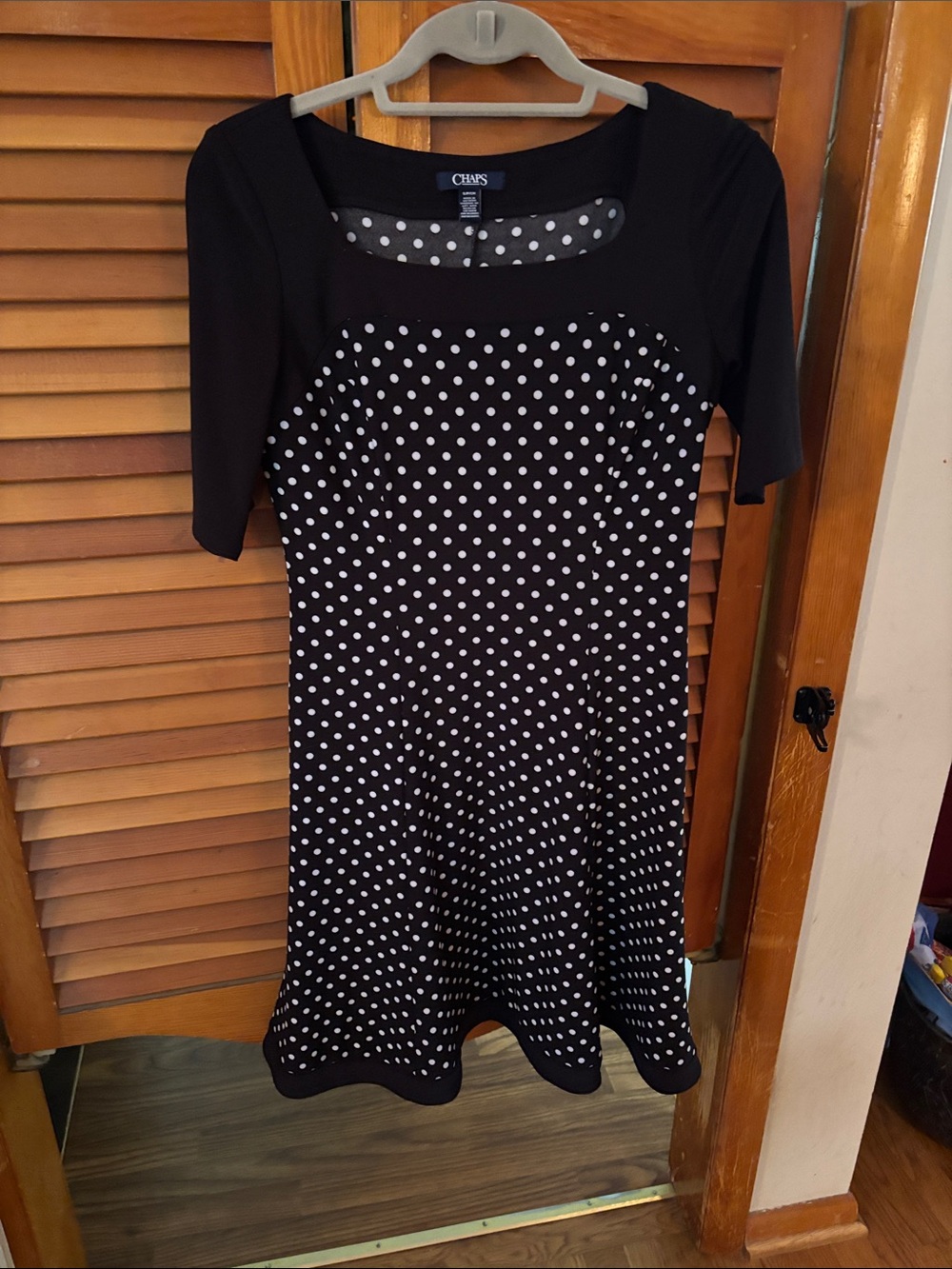 Chaps Black and White Polka Dot Midi Fit-and-Flare Dress